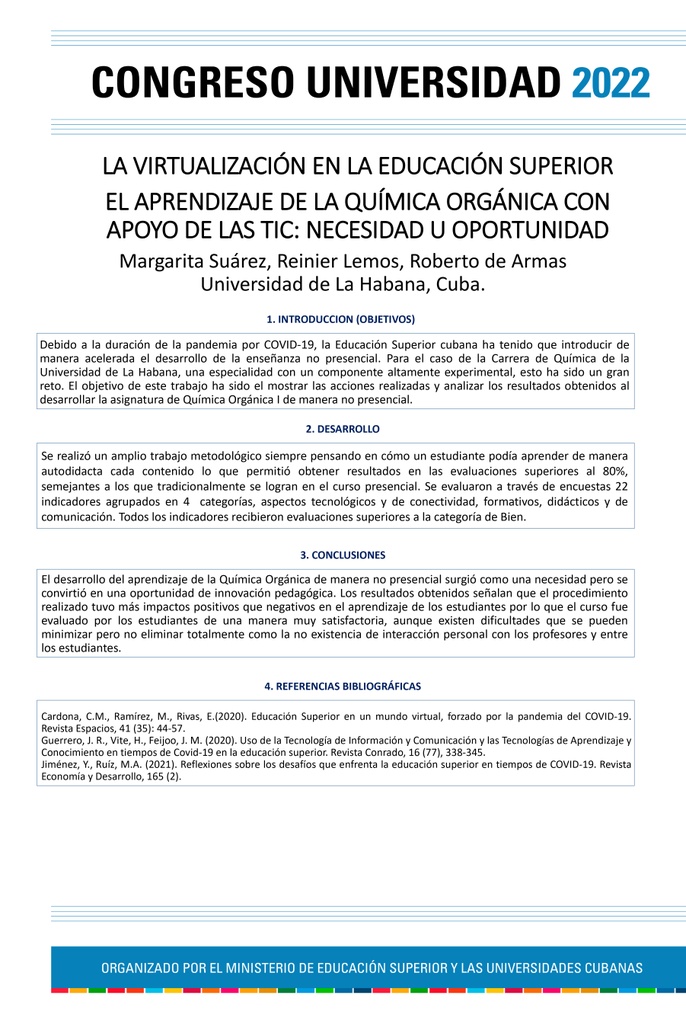 VIR-022.  El aprendizaje de la química orgánica con apoyo de las TIC: necesidad u oportunidad.