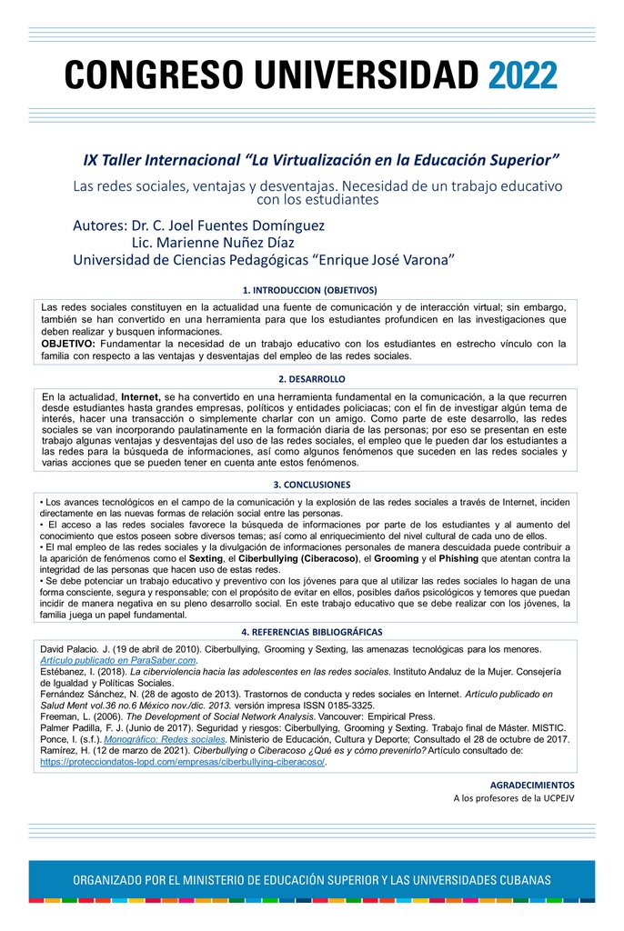 VIR-001. Las redes sociales, ventajas y desventajas. Necesidad de  un trabajo educativo con los estudiantes