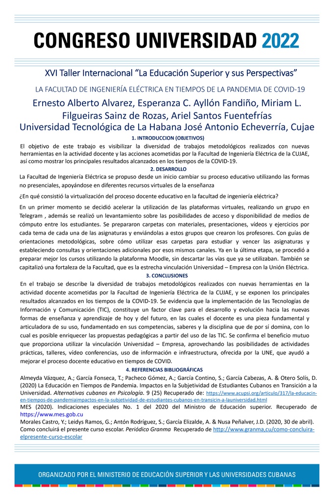 PER-062. LA FACULTAD DE INGENIERÍA ELÉCTRICA EN TIEMPOS DE LA PANDEMIA DE COVID-19