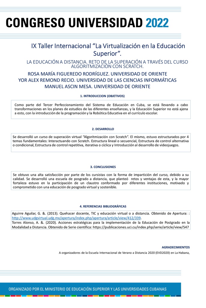 VIR-052. LA EDUCACIÓN A DISTANCIA. RETO DE LA SUPERACIÓN A TRAVÉS DEL CURSO ALGORITMIZACIÓN CON SCRATCH.
